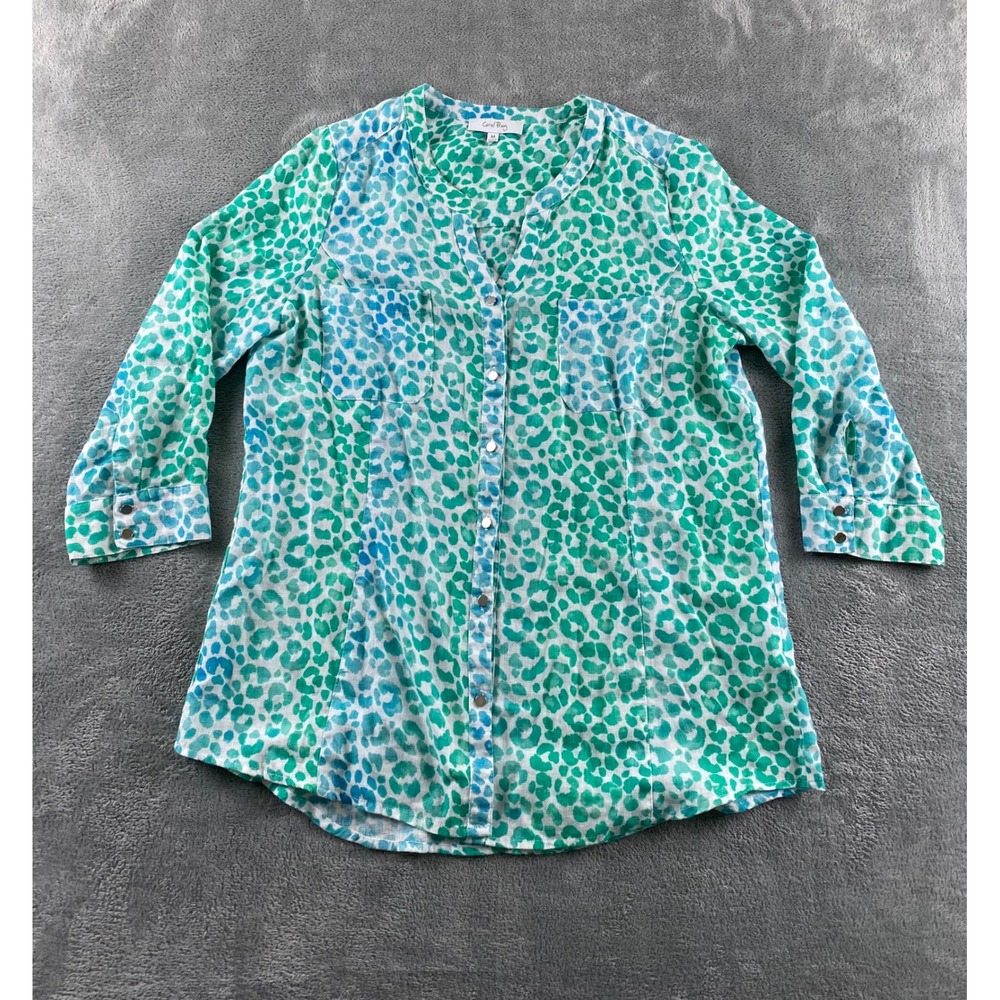 Coral Bay Womens Green Blue Leopard Print Linen Blend 3/4 Sleeve Blouse Medium